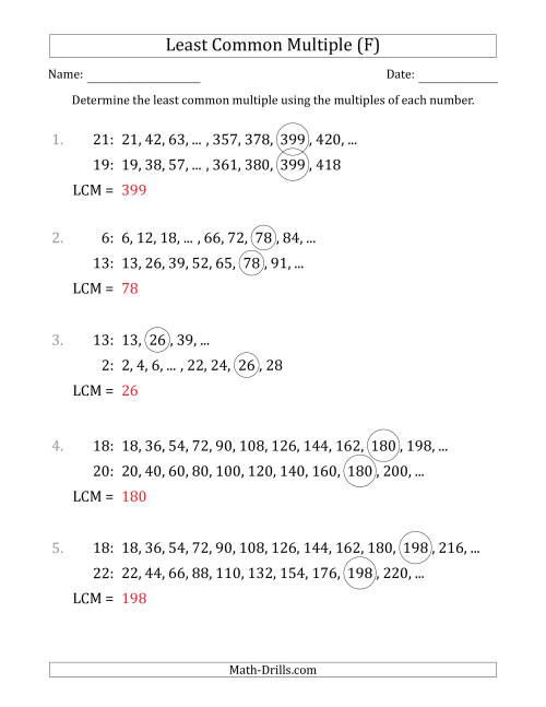 The Least Common Multiple from Multiples of Numbers to 25 (F) Math Worksheet Page 2