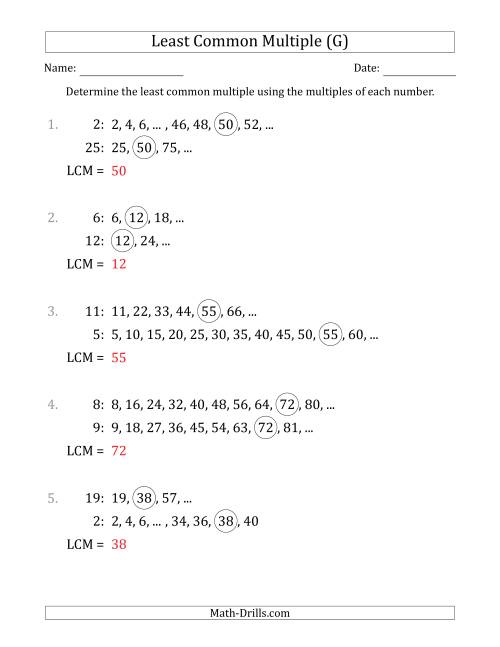 The Least Common Multiple from Multiples of Numbers to 25 (G) Math Worksheet Page 2