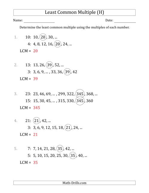 The Least Common Multiple from Multiples of Numbers to 25 (H) Math Worksheet Page 2
