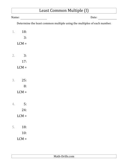 The Least Common Multiple from Multiples of Numbers to 25 (I) Math Worksheet
