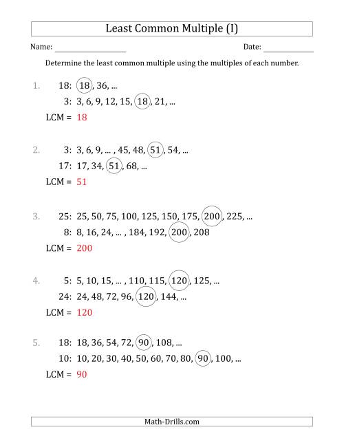 The Least Common Multiple from Multiples of Numbers to 25 (I) Math Worksheet Page 2
