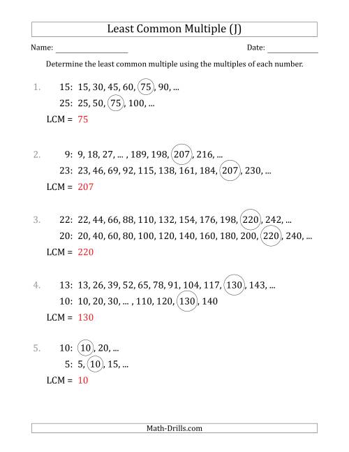 The Least Common Multiple from Multiples of Numbers to 25 (J) Math Worksheet Page 2