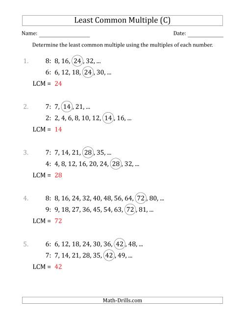 The Least Common Multiple from Multiples of Numbers to 10 (LCM Not Numbers) (C) Math Worksheet Page 2