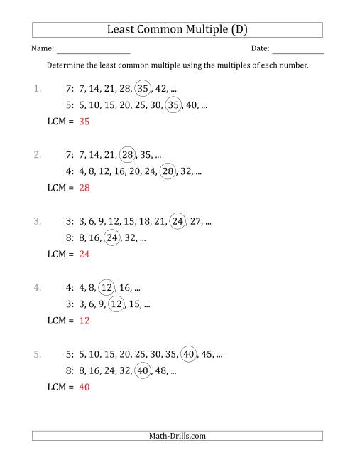 The Least Common Multiple from Multiples of Numbers to 10 (LCM Not Numbers) (D) Math Worksheet Page 2