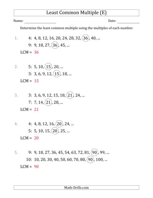 The Least Common Multiple from Multiples of Numbers to 10 (LCM Not Numbers) (E) Math Worksheet Page 2