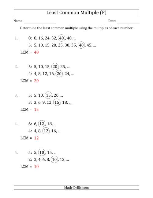The Least Common Multiple from Multiples of Numbers to 10 (LCM Not Numbers) (F) Math Worksheet Page 2