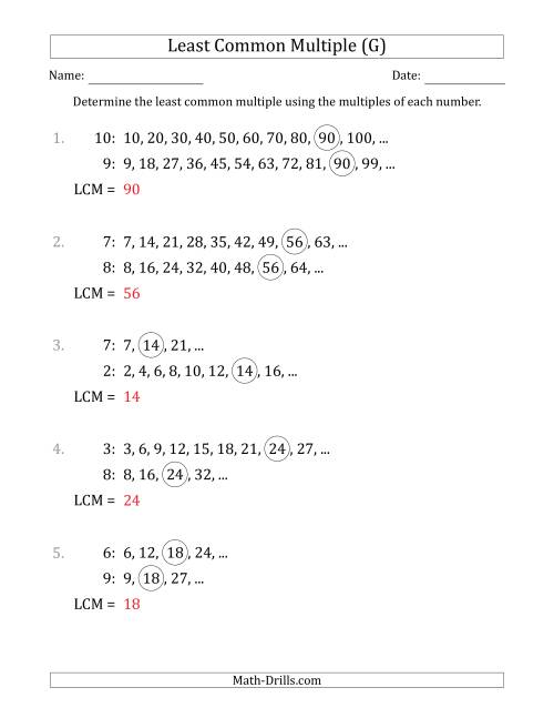 The Least Common Multiple from Multiples of Numbers to 10 (LCM Not Numbers) (G) Math Worksheet Page 2