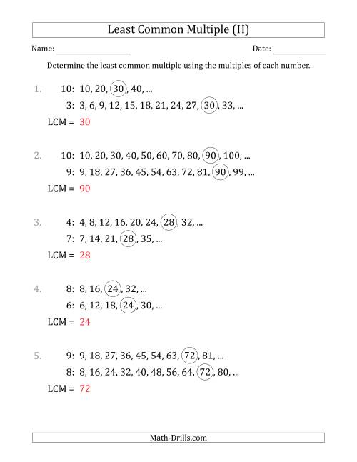 The Least Common Multiple from Multiples of Numbers to 10 (LCM Not Numbers) (H) Math Worksheet Page 2