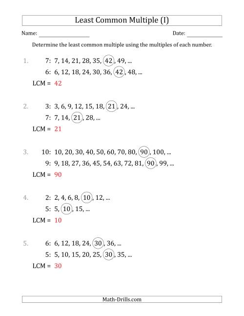 The Least Common Multiple from Multiples of Numbers to 10 (LCM Not Numbers) (I) Math Worksheet Page 2