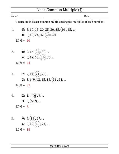 The Least Common Multiple from Multiples of Numbers to 10 (LCM Not Numbers) (J) Math Worksheet Page 2