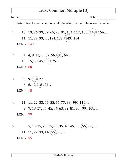 The Least Common Multiple from Multiples of Numbers to 15 (LCM Not Numbers) (B) Math Worksheet Page 2