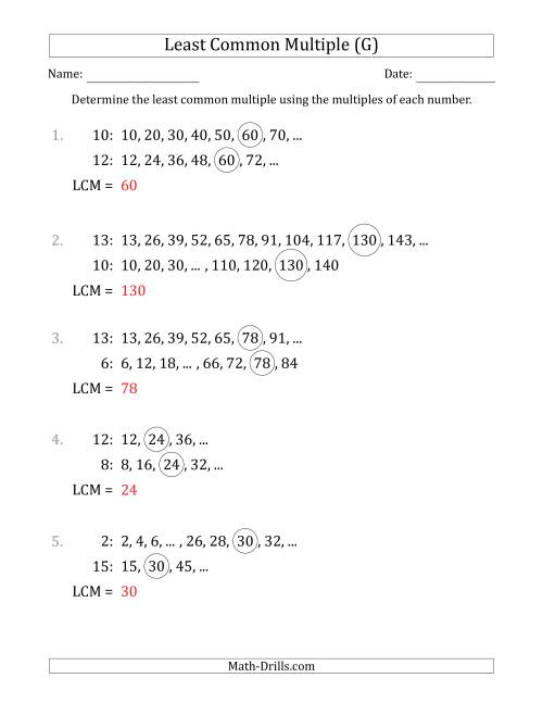 The Least Common Multiple from Multiples of Numbers to 15 (LCM Not Numbers) (G) Math Worksheet Page 2