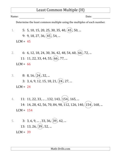 The Least Common Multiple from Multiples of Numbers to 15 (LCM Not Numbers) (H) Math Worksheet Page 2