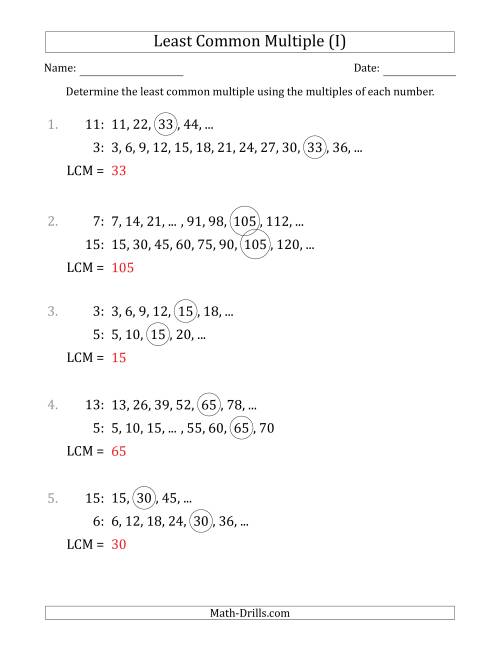 The Least Common Multiple from Multiples of Numbers to 15 (LCM Not Numbers) (I) Math Worksheet Page 2