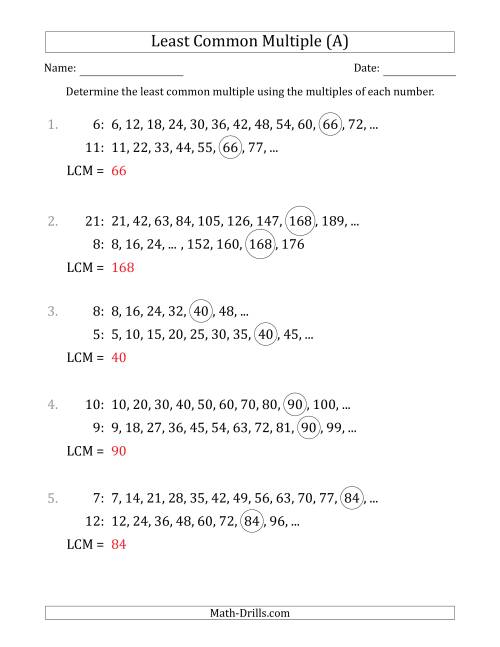 The Least Common Multiple from Multiples of Numbers to 25 (LCM Not Numbers) (A) Math Worksheet Page 2