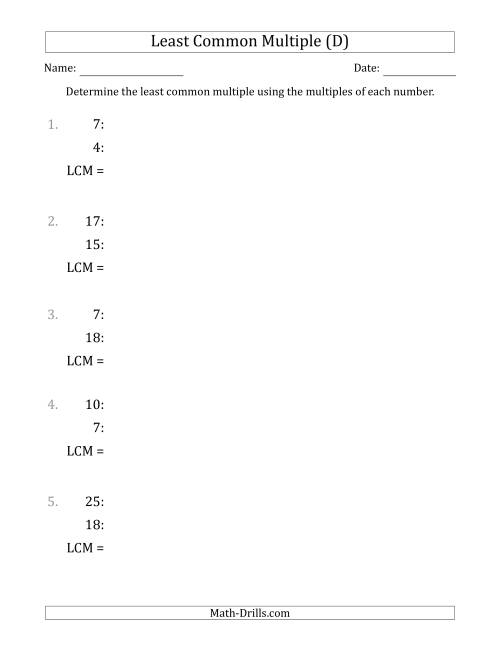 The Least Common Multiple from Multiples of Numbers to 25 (LCM Not Numbers) (D) Math Worksheet