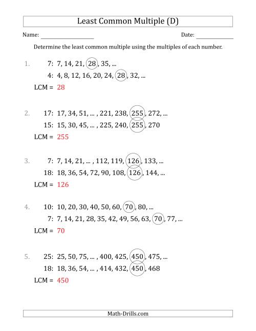 The Least Common Multiple from Multiples of Numbers to 25 (LCM Not Numbers) (D) Math Worksheet Page 2