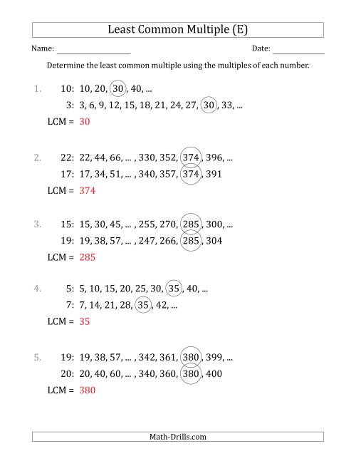 The Least Common Multiple from Multiples of Numbers to 25 (LCM Not Numbers) (E) Math Worksheet Page 2