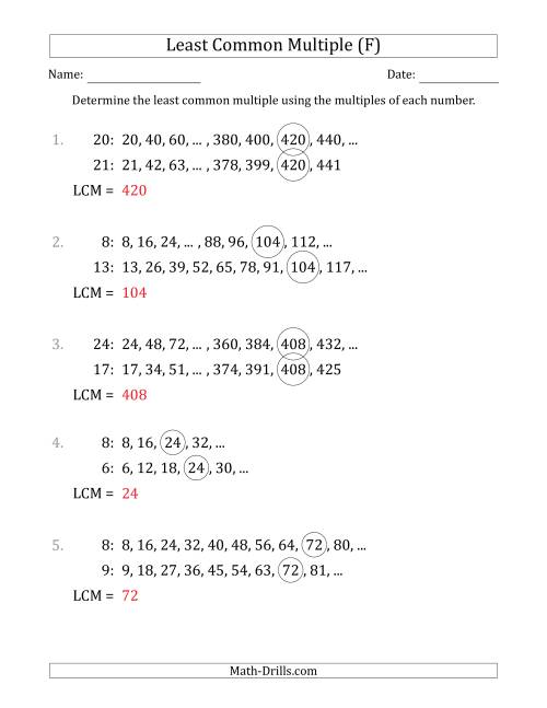 The Least Common Multiple from Multiples of Numbers to 25 (LCM Not Numbers) (F) Math Worksheet Page 2