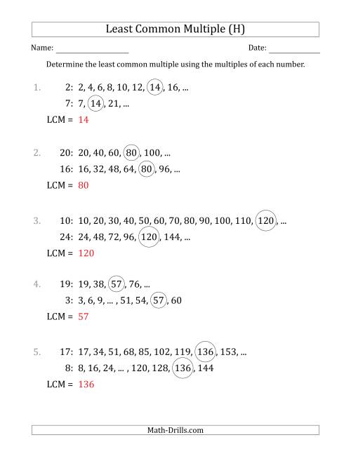 The Least Common Multiple from Multiples of Numbers to 25 (LCM Not Numbers) (H) Math Worksheet Page 2