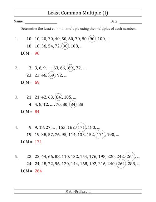 The Least Common Multiple from Multiples of Numbers to 25 (LCM Not Numbers) (I) Math Worksheet Page 2