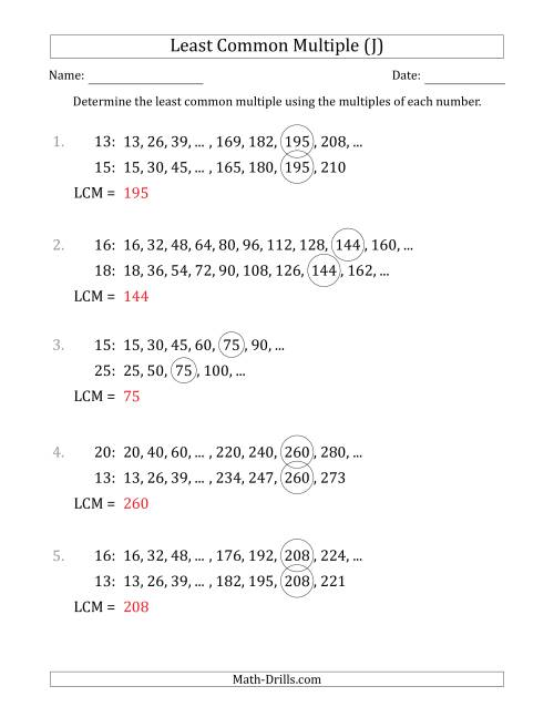 The Least Common Multiple from Multiples of Numbers to 25 (LCM Not Numbers) (J) Math Worksheet Page 2