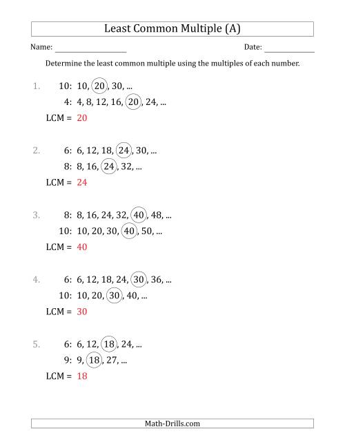 The Least Common Multiple from Multiples of Numbers to 10 (LCM Not Numbers or Product) (A) Math Worksheet Page 2