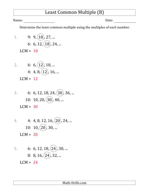 The Least Common Multiple from Multiples of Numbers to 10 (LCM Not Numbers or Product) (B) Math Worksheet Page 2