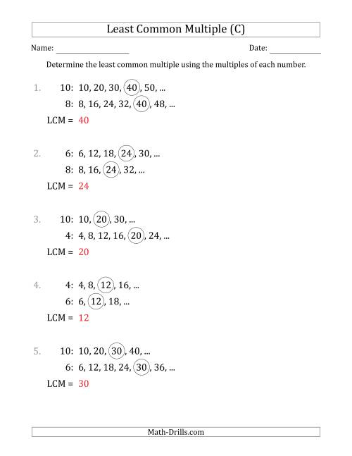 The Least Common Multiple from Multiples of Numbers to 10 (LCM Not Numbers or Product) (C) Math Worksheet Page 2