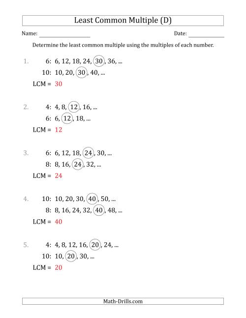 The Least Common Multiple from Multiples of Numbers to 10 (LCM Not Numbers or Product) (D) Math Worksheet Page 2