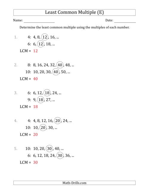 The Least Common Multiple from Multiples of Numbers to 10 (LCM Not Numbers or Product) (E) Math Worksheet Page 2