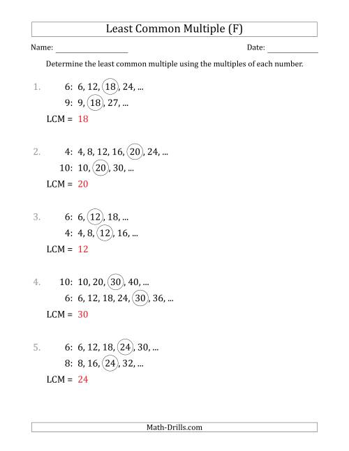 The Least Common Multiple from Multiples of Numbers to 10 (LCM Not Numbers or Product) (F) Math Worksheet Page 2