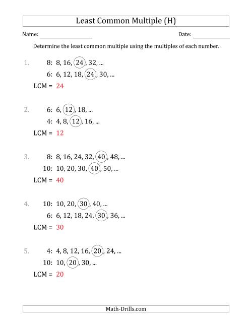 The Least Common Multiple from Multiples of Numbers to 10 (LCM Not Numbers or Product) (H) Math Worksheet Page 2