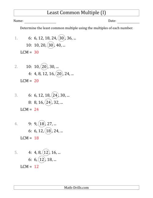 The Least Common Multiple from Multiples of Numbers to 10 (LCM Not Numbers or Product) (I) Math Worksheet Page 2