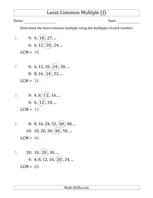 The Least Common Multiple from Multiples of Numbers to 10 (LCM Not Numbers or Product) (J) Math Worksheet Page 2