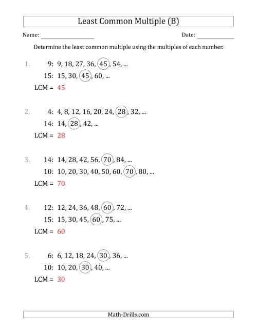 The Least Common Multiple from Multiples of Numbers to 15 (LCM Not Numbers or Product) (B) Math Worksheet Page 2