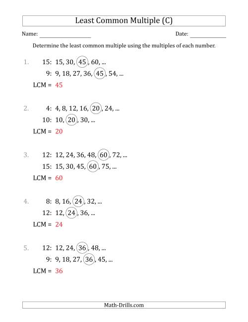 The Least Common Multiple from Multiples of Numbers to 15 (LCM Not Numbers or Product) (C) Math Worksheet Page 2