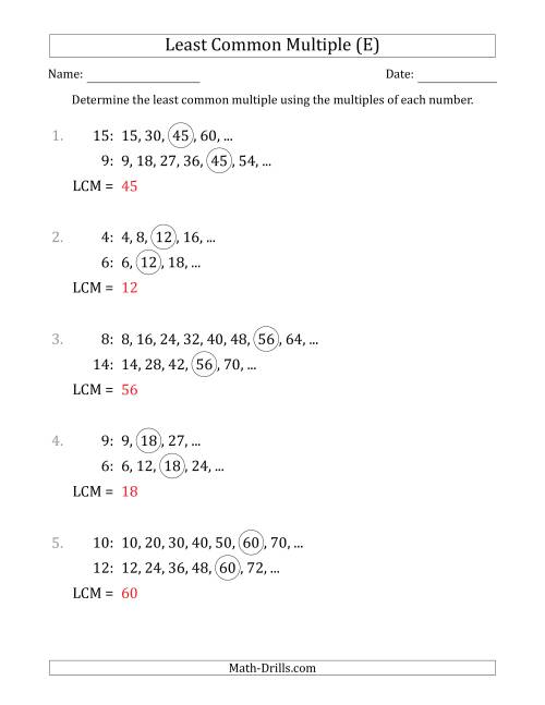 The Least Common Multiple from Multiples of Numbers to 15 (LCM Not Numbers or Product) (E) Math Worksheet Page 2