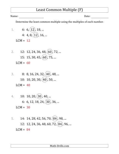 The Least Common Multiple from Multiples of Numbers to 15 (LCM Not Numbers or Product) (F) Math Worksheet Page 2