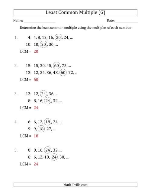 The Least Common Multiple from Multiples of Numbers to 15 (LCM Not Numbers or Product) (G) Math Worksheet Page 2