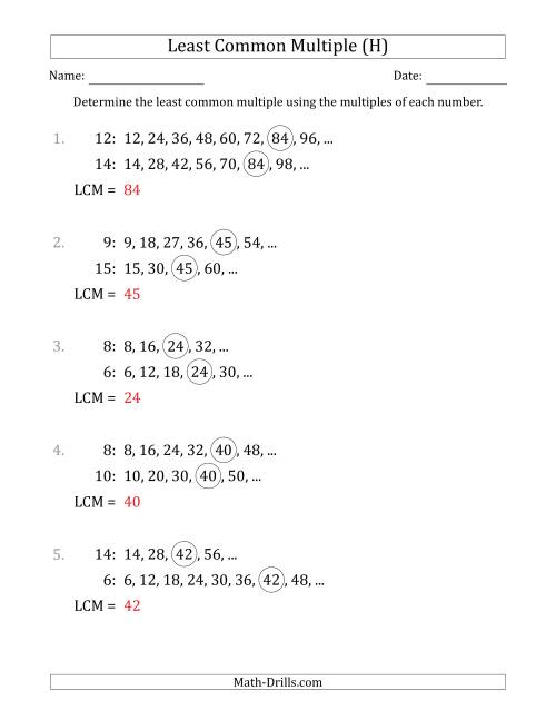 The Least Common Multiple from Multiples of Numbers to 15 (LCM Not Numbers or Product) (H) Math Worksheet Page 2