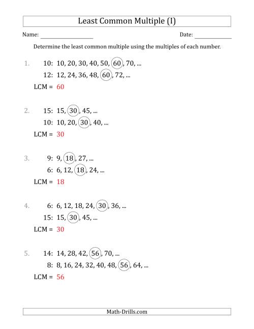 The Least Common Multiple from Multiples of Numbers to 15 (LCM Not Numbers or Product) (I) Math Worksheet Page 2