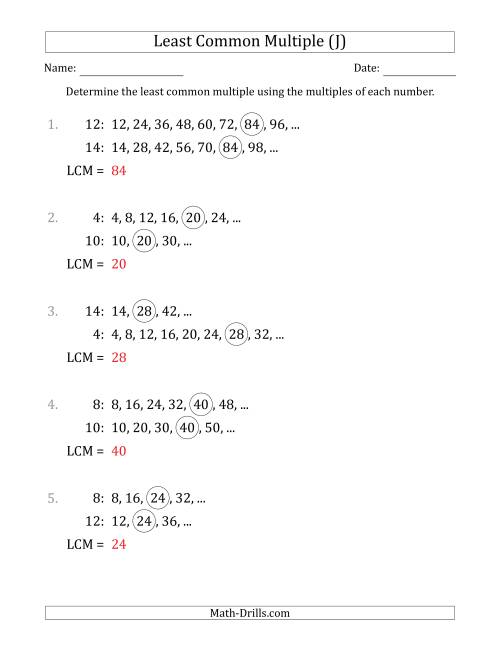 The Least Common Multiple from Multiples of Numbers to 15 (LCM Not Numbers or Product) (J) Math Worksheet Page 2