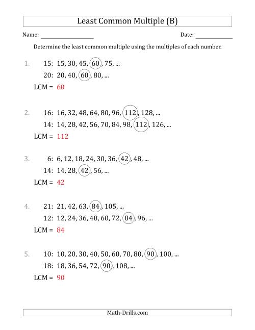 The Least Common Multiple from Multiples of Numbers to 25 (LCM Not Numbers or Product) (B) Math Worksheet Page 2