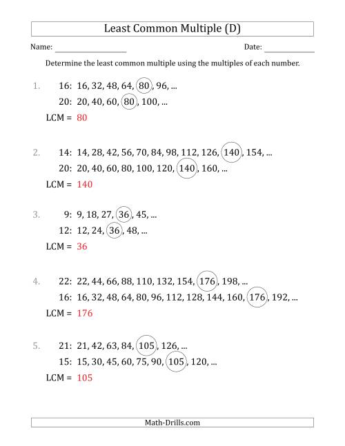 The Least Common Multiple from Multiples of Numbers to 25 (LCM Not Numbers or Product) (D) Math Worksheet Page 2