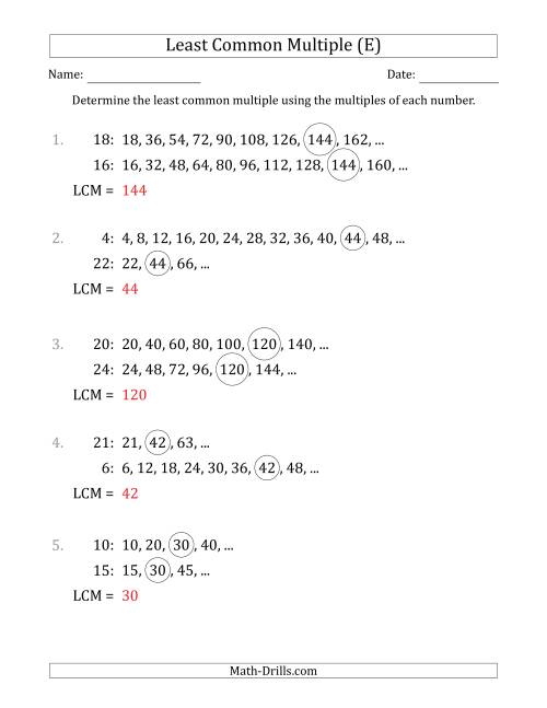 The Least Common Multiple from Multiples of Numbers to 25 (LCM Not Numbers or Product) (E) Math Worksheet Page 2