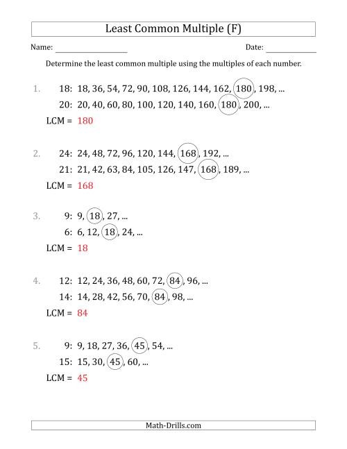 The Least Common Multiple from Multiples of Numbers to 25 (LCM Not Numbers or Product) (F) Math Worksheet Page 2