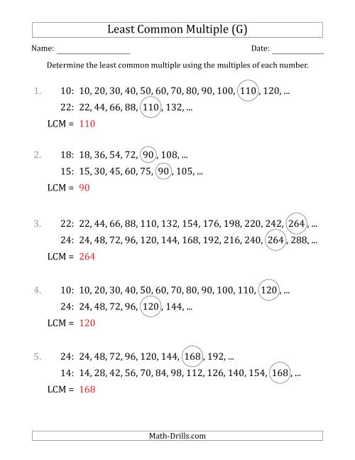 The Least Common Multiple from Multiples of Numbers to 25 (LCM Not Numbers or Product) (G) Math Worksheet Page 2