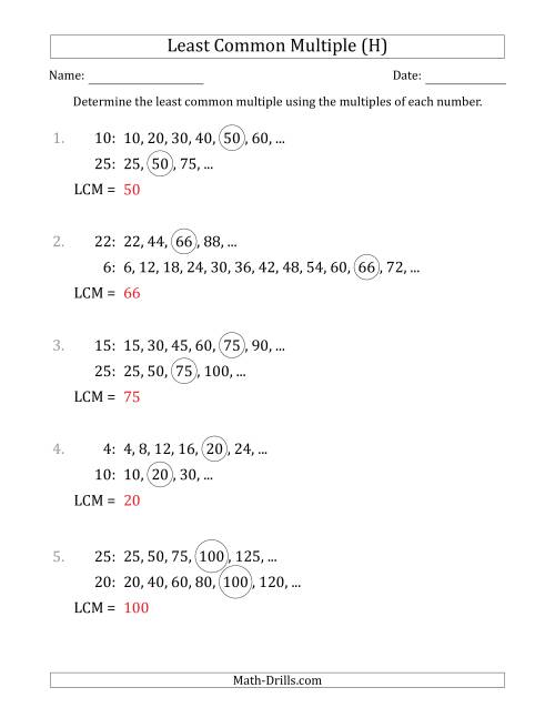 The Least Common Multiple from Multiples of Numbers to 25 (LCM Not Numbers or Product) (H) Math Worksheet Page 2