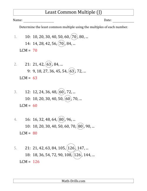 The Least Common Multiple from Multiples of Numbers to 25 (LCM Not Numbers or Product) (J) Math Worksheet Page 2